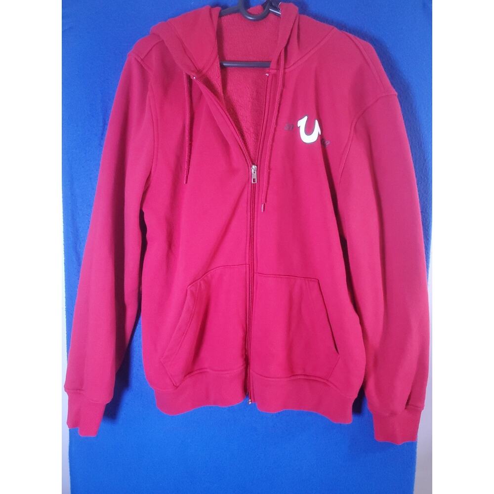 True Religion Men XL Red Buddha Zip Up Hoodie Horseshoe Logo Sweater - Picture 15 of 16